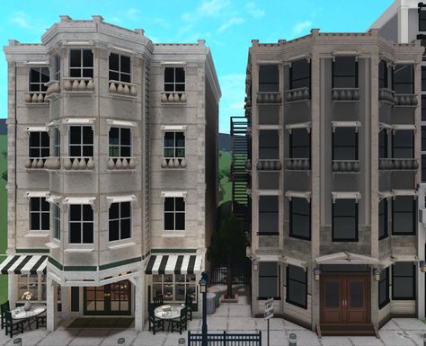 Apartment Inspiration Bloxburg Exterior, New York Buildings Bloxburg, Apartment Ideas Bloxburg Exterior, Cafe Apartment Exterior Bloxburg, Roblox Bloxburg Apartment Ideas Exterior, New York Bloxburg Apartment, Bloxburg Realistic City Ideas, Bloxburg Cities Layout, Bloxburg Town Ideas Exterior