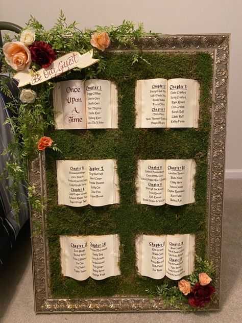 Book Wedding Table Numbers, Moss Seating Chart Wedding, Storybook Wedding Seating Chart, Woodland Wedding Seating Chart, Storybook Themed Wedding, Forest Wedding Seating Chart, Diy Fairytale Wedding Decor, Enchanted Forest Seating Chart, Shrek Theme Wedding