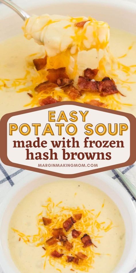 Easy Potatoes Soup Recipes, Cheesy Potatoes Soup With Hashbrowns, Crockpot Potato Soup Made With Frozen Hashbrowns, Easy Potato Soup Hashbrowns, Potatoe Soup Recipe Crock Pot Hashbrowns, Hashbrown Baked Potato Soup, Crockpot Potatoe Soup Hashbrowns, Cheesy Potato Soup Slow Cooker, Hashbrown Loaded Potato Soup