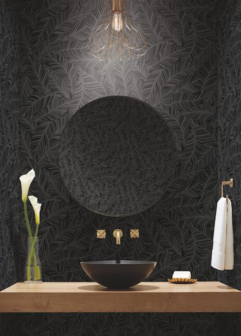 Moody Powder Room, Black Powder Room, Rainforest Canopy, Palm Leaves Pattern, Allover Pattern, Design Rules, York Wallcoverings, Tropical Style, Resource Library