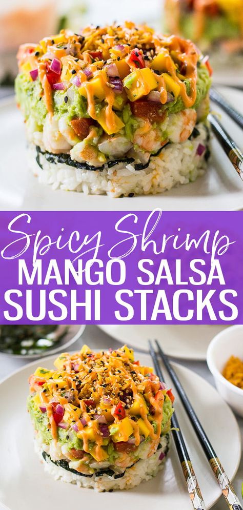 Shrimp Stacks, California Food Recipes, California Recipes, Spicy California Roll Bowl, Sushi Stacks Recipe, Mango Sushi, Spicy Scallop Sushi Roll, Spicy California Roll, Spicy California Roll Sushi Recipe