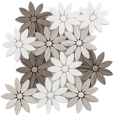 Bouquette Series from Glazzio Tile. Love it? Visit our showroom to see it in person or visit our website to start your remodel today! https://buildersflooringanddesign.com/ Water Jet Tile, Pebble Crafts, Tile Bathrooms, Natural Stone Mosaic, Shower Wall Tile, Hospital Interior, Stone Mosaic Tile, Flower Tile, Mosaic Wall Tiles