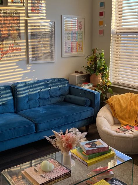 Navy Blue Couch Aesthetic, Peacock Couch, Ottawa Apartment, Blue Sofa Living, Sofas Ideas Living Room, 1940s House, Blue Couch Living, Blue Sofas Living Room, Blue Couch Living Room