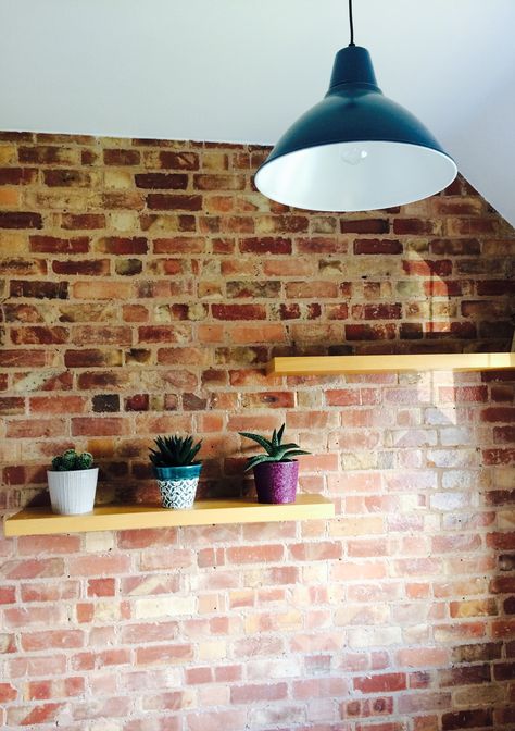 Brick Wall Shelves, Shelves On Brick Wall, Floating Shelves Living Room, Oak Floating Shelves, Red Brick Wall, Wood Floating Shelves, Floating Shelf, Red Bricks, Lounge Room