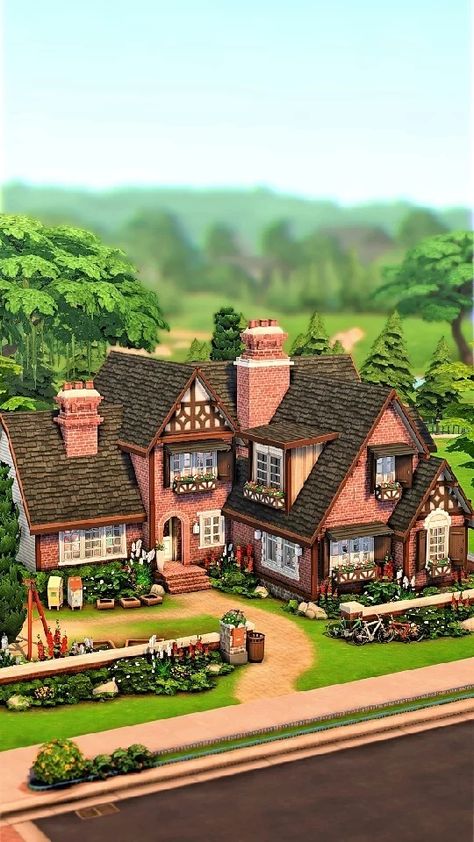 Sims 4 Pinterest House, Sims 4 Houses Backyard, Sims 4 Big Cottage, Cottage Core Sims 4 House, Sims 4 Cottage Family Home, Sims 4 Storybook House, Cute Cottage House Plans, Not So Berry Challenge Sims 4 Base Game, Sims 4 Whimsical House