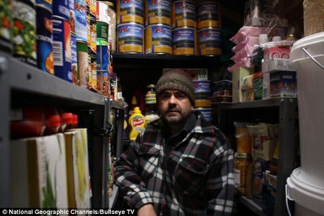 Prepared: Father-of-five Simon Dillon, pictured, stands in his store cupboard which is full to the rafters with emergency supplies Survival Items, Life Crisis, Emergency Supplies, Solar Flare, Fear Of The Lord, Survival Food, The Aftermath, Grocery Stores, Camping Survival