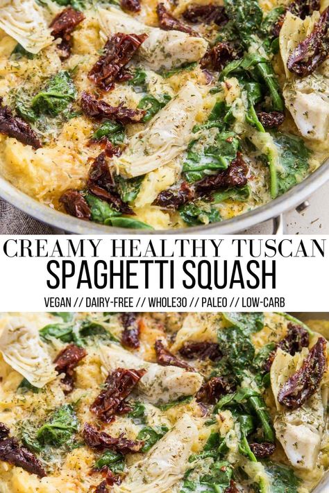 Creamy Tuscan Spaghetti Squash (Paleo, Vegan) - The Roasted Root Spaghetti Squash With Sun Dried Tomatoes, Tuscan Spaghetti Squash, Spaghetti Squash Paleo, Tuscan Spaghetti, Spaghetti Squash Recipes Vegan, Vegan Spaghetti Squash, Healthy Squash Recipes, Spaghetti Squash Recipes Healthy, Spaghetti Squash Recipes Easy