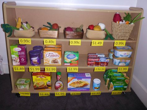 Play to Learn Dramatic Play Decor Ideas, Dramatic Play Supermarket, Classroom Grocery Store, Grocery Store Unit Preschool, Supermarket Role Play Eyfs, Supermarket Role Play, Dramatic Play Store, Supermarket Activities Preschool, Grocery Store Activities For Preschool