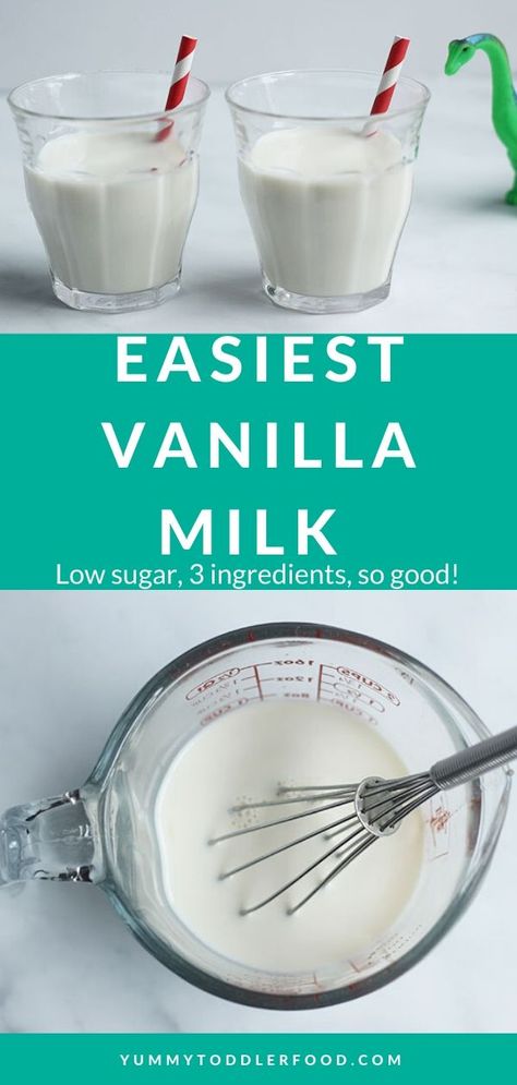 Learn how to make homemade Vanilla Milk in 2 minutes with 3 simple ingredients—and way less sugar! #vanillamilk #toddlerfood #toddlersnack #kidsfood #glutenfree Vanilla Oat Milk Recipe, How To Make Vanilla Milkshake, Milkshake Recipe Easy Vanilla, Homemade Vanilla Cinnamon Milk Tea, Vanilla Milk Recipe, Vanilla Bean Simple Syrup, Healthy Snacks To Make, Making Yogurt, Milk Syrup