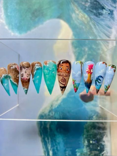 Moana Nail Designs, Moana Nails Acrylic, Disney Princess Themed Nails, Moana Inspired Nails, Vivxue Nails, Character Art Nails, Disney Nail Designs Princesses, Moana Nail Art, Pocahontas Nails