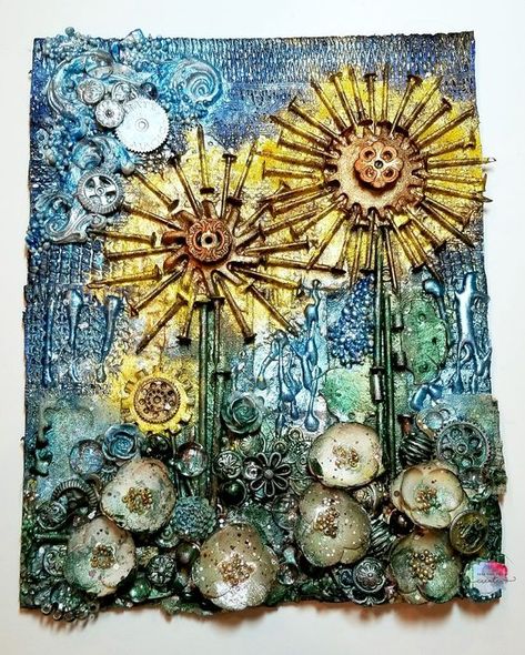 Sunflower Mixed Media Canvas Art Ideas On Canvas, Mixed Media Art Ideas, Media Art Ideas, Mixed Media Diy, Kids Canvas Art, Mixed Media Art Projects, Multimedia Arts, Mixed Media Art Canvas, Mandala Painting