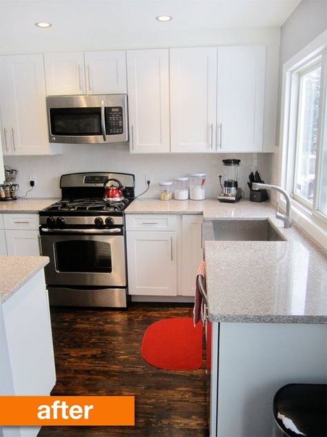 Before & After: Krista's Budget-Friendly, Modernized Kitchen Remodel | Apartment Therapy Kitchen Counter Appliance Placement, Modernized Kitchen, Man Kitchen, Light Cabinets, Cheap Hardwood Floors, Vibrant Living Room, Quartz Counter, Dark Floors, Diy Kitchen Furniture