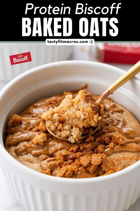 Biscoff Baked Oats (Protein Recipe) | Tasty Fit Macros Baked Oats Biscoff, Biscoff Protein Oats, Biscoff Baked Oats, Baked Oats Recipes Healthy High Protein, High Protein Oatmeal Bake, Baked Oats Protein, High Protein Baked Oatmeal, High Protein Baked Oats, Baked Protein Oats