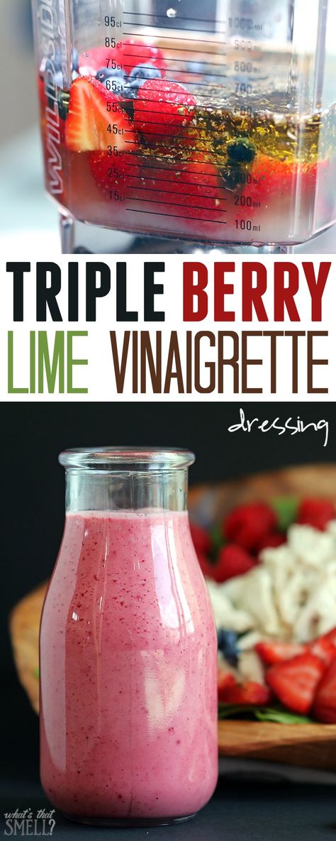 Triple Berry Lime Vinaigrette Dressing - fresh strawberries, raspberries & blueberries combine with a touch of lime in this sweet yet tart vinaigrette dressing. Perfect summer dressing! Lime Vinaigrette Dressing, Crochet Nautical, Raspberry Vinaigrette Dressing, Vinaigrette Dressing Recipe, Bowls Recipes, Desayuno Keto, Basil Vinaigrette, Healthy Sauces, Raspberry Vinaigrette