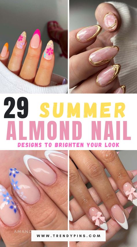 Discover 29 stunning summer almond nail designs to add a touch of brightness to your look. From vibrant colors and floral patterns to glitter accents and ombre effects, these designs are perfect for embracing the sunny season in style. Whether you prefer bold and eye-catching or subtle and sophisticated, these nail designs offer endless inspiration to elevate your summer manicure game. Almond Nails Colorful Tips, Preppy Almond Nails Designs, Tropical Nail Designs Almond, Fun Acrylic Nails Designs Almond, Summer Subtle Nails, Vacation Nail Ideas Almond, Natural Nail Designs Almond Shape, Summer Nails 2024 Almond Shape, Nails For Miami Trip