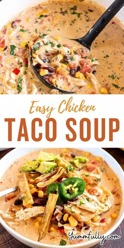 My family loves tacos and when the weather starts to get cold, I love to make a big pot of creamy chicken taco soup. This is a very easy chicken taco soup because you make it with leftover rotisserie chicken and all you have to do is dump all the ingredients into the pot! Creamy Chicken Taco Soup, Easy Chicken Taco Soup, Easy Chicken Taco, Rotisserie Chicken Recipes Leftover, Rotisserie Chicken Soup, Rotisserie Chicken Tacos, Chicken Taco Soup Recipe, Recipes Using Rotisserie Chicken, Chicken Tacos Easy