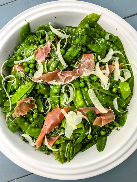 Spring Peas, Snow Peas and Prosciutto Salad - Powered by @ultimaterecipe Peas And Prosciutto, Italian Side Dish, Snow Pea Salad, Prosciutto Salad, Italian Side Dishes, Snow Pea, Power Lunch, Spring Peas, Italian Side