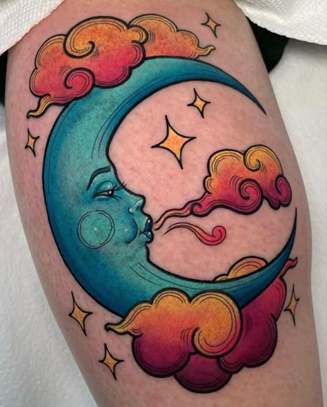 Faces Tattoo Design, Faces Tattoo, Moon Sun Tattoo, Bright Tattoos, Crescent Moon Tattoo, Wicked Tattoos, Retro Tattoos, Cloud Tattoo, Moon Tattoo Designs