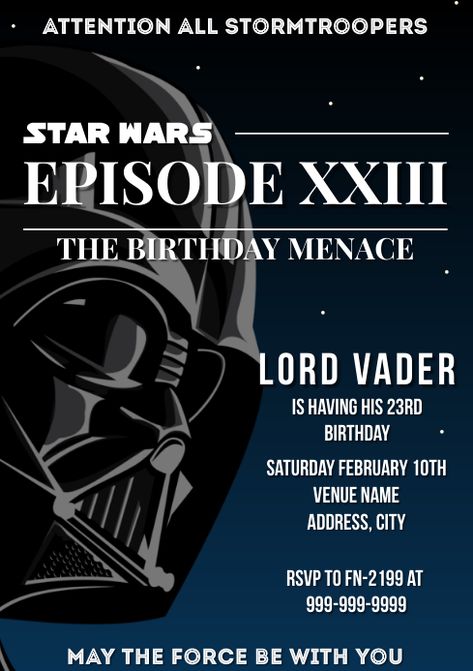 Create the perfect design by customizing easy to use templates in MINUTES! Easily convert your image designs into videos or vice versa! Browse through effective promotional flyers, posters, social media graphics and videos. Download web quality graphics for free! Prices start at $2.99 ONLY. Star Wars Invitations Free, Star Wars Theme Birthday, Yoda Party, Star Wars Invitations, Invitation Examples, Printable Star, Star Wars Birthday Party, 30th Birthday Invitations, Adult Birthday Invitations