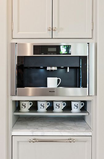 More Design Build - Built-in Coffee Station with Miele Coffee Maker and Monogrammed Cups Miele Coffee Machine, Built In Coffee Maker, Coffee Maker Machine, Coffee Center, Home Coffee Stations, Fixer Upper Style, Smart Kitchen, Butler's Pantry, Transitional Kitchen