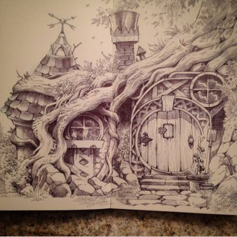 Tree House Drawing, Hole Drawing, Just Go With It, Art Markers Drawing, Faery Art, Ink Pen Art, Mushroom Drawing, Lotr Art, Hobbit Hole