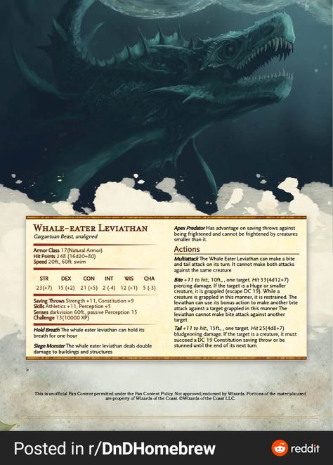 Dnd Underwater Monsters, Whale Leviathan, Ocean Monsters, Dnd Monster, Dungeons And Dragons Rules, Dnd Stats, Dungeon Master's Guide, Dnd Classes, Dungeons And Dragons 5e