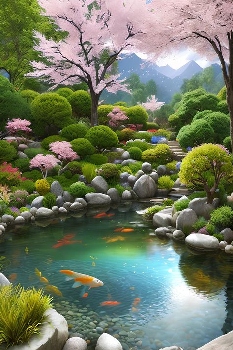 Japanese Garden Cherry Blossom, Japanese Pond Drawing, Japanese Garden Drawing, Japanese Garden Painting, Koi Pond Art, Japanese Pond, Fish In Aquarium, Pond Drawing, Tree Lily