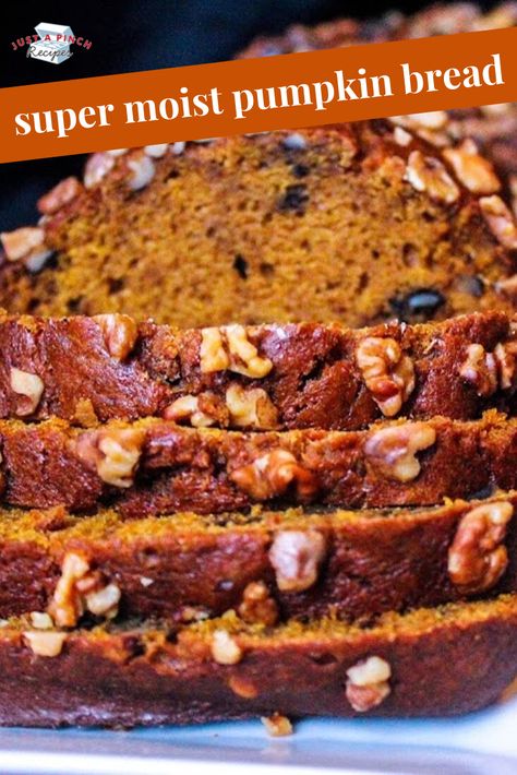 This moist pumpkin recipe screams fall. It's soft and filled with pumpkin flavor. Perfectly spiced, it will make your kitchen smell wonderful while baking. Chopped walnuts add a nice little crunch to the bread. If you love dates, definitely add them. Pumpkin Bread With Nuts Recipe, Pumpkin Bread With Raisins And Pecans, Pumpkin And Dates Recipe, Pumpkin Date Bread, Pumpkin Date Recipes, Pumpkin Nut Bread, Date Bread, Walnut Bread Recipe, Date Nut Bread