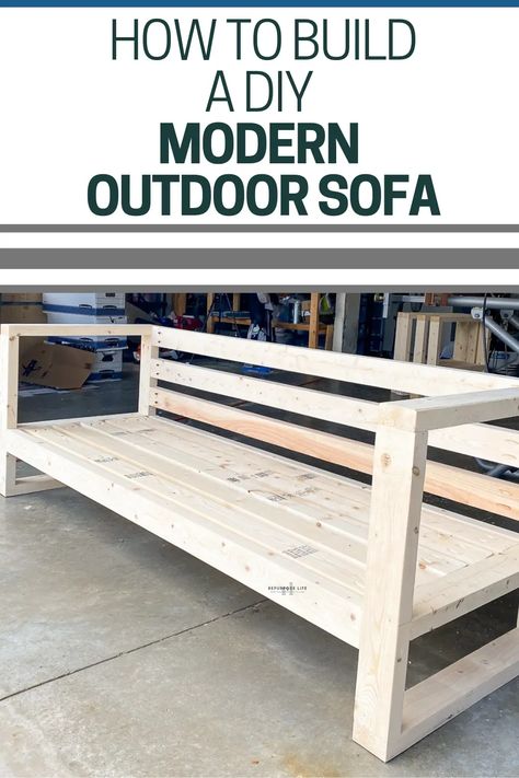 How to build a DIY modern outdoor sofa the simple way. Check out these easy to follow step-by-step plans. Save money and build your own custom outdoor furniture today! Outdoor Sofa Design, Outdoor Couch Diy, Modern Outdoor Sofa, Outdoor Sofa Diy, Custom Outdoor Furniture, How To Make Home, Modern Outdoor Sofas, Wood Patio Furniture, Shop Projects