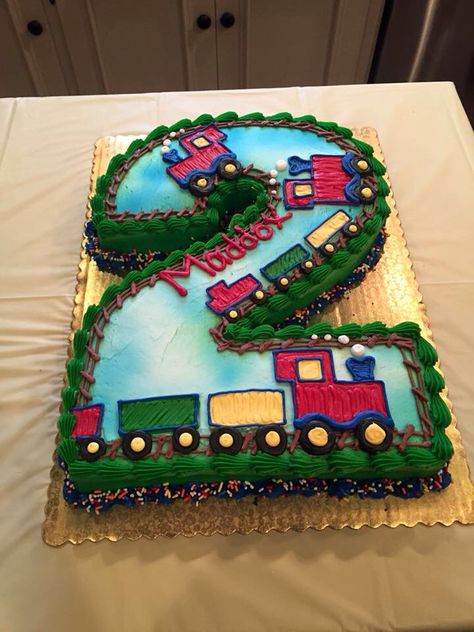 Choo Choo I'm Two cake!!! Choo Choo Im 2 Birthday Party, 2nd Birthday Train Theme Cake, Choo Choo Cake, Choo Choo I’m Two, Choo Choo Im Two Cake, Train Cupcakes For Boys, Chugga Chugga Two Two Birthday Cake, Choo Choo Im Two Birthdays, Chugga Chugga Two Two Cake