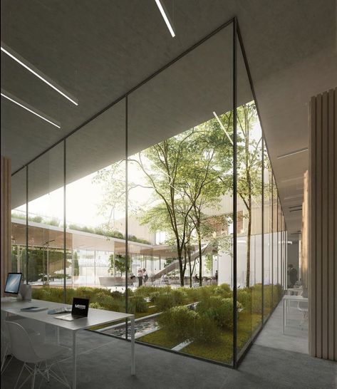 Atrium Garden, Urban Courtyards, Coffee House Design, Atrium House, Atrium Design, Glass Partition Wall, Feature Wall Design, Warehouse Design, Courtyard Design