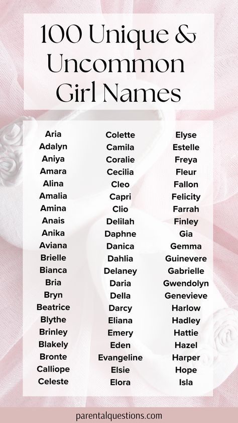 100+ uncommon baby girl name ideas with meanings. Find the perfect rare and unique girl name that are totally underused with our list of 100 gorgeous, uncommon girls names. Click through for the full list! Unique baby names for 2024, unique girl names, cute girl names, pretty girl names Name Ideas For Girls Unique, Good Names For Girls, Full Name Ideas Girl, List Of Last Names, Pretty Girl Names List, Cute Girl Names List, Girl Name Ideas Unique, Cute Baby Names Unique List, Unique Girl Names List