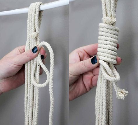 Create a hanging loop with a gathering knot. Macrame Loop, Macrame Instructions, Pot Hangers, Macrame Headboard, Yarn Hanging, Macrame Plant Hanger Tutorial, Macrame Knots Tutorial, Makramee Diy, Diy Macrame Plant Hanger