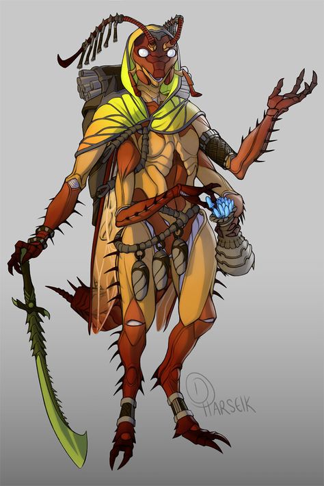 Dnd Bug Character, Dnd Bug Race, Insectoid Concept Art, Dnd Thri-kreen Character Art, Insect Character Art, Thri Kreen Character Art, Thri Kreen Art, Bug People Character Design, Thri Kreen Dnd