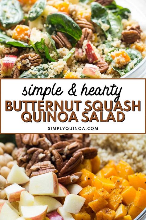 This butternut squash quinoa salad is all about fall produce. The sweet and tender roasted butternut squash pairs perfectly with the crisp apples; along with the toasted pecans, the apples add a much-needed crunch to this simple fall quinoa salad. Make this Hearty Butternut Squash Quinoa Salad today! Easy Fall Salad, Butternut Salad, Squash Quinoa Salad, Vegan Mashed Cauliflower, Fall Quinoa, Fall Quinoa Salad, Butternut Squash Quinoa Salad, Squash Quinoa, Butternut Squash Quinoa