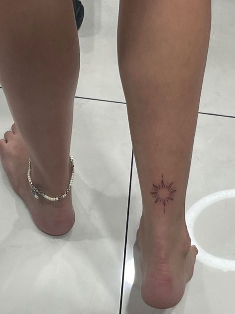 Sun Dot Tattoo, Small Back Of Leg Tattoo, Sun Tattoo Inspiration, Cute Sunshine Tattoos, Sun On Ankle Tattoo, Sun On Hip Tattoo, Boho Leg Tattoo, Back Of Foot Tattoo, Sun Tattoo Placement Ideas