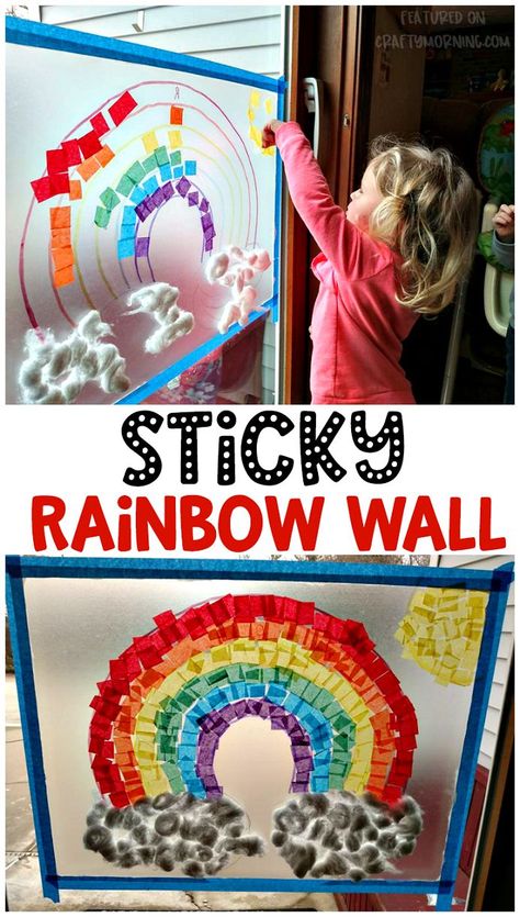 Have the kids decorate a sticky rainbow wall using contact paper! Fun st patricks day or rainy day activities. Contact Paper Crafts, Fun St Patricks Day, Rainy Day Activities For Kids, Crafty Morning, Rainbow Activities, Preschool Art Projects, St Patricks Crafts, St Patricks Day Crafts For Kids, March Activities