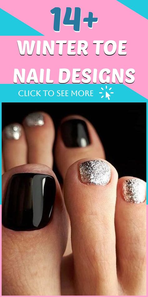 Elevate your winter fashion game with these stunning toe nail designs that will bring a touch of festivity to your style. Whether you're relaxing by the fire or enjoying outdoor activities, these winter-themed designs will ensure your toes are both stylish and snug. Prepare to flaunt your winter pedicure confidently this season! New Year’s Eve Pedicure, New Year’s Eve Toenails, Classic Pedicure Ideas, Silver Pedicure Toenails, Nye Pedicure Ideas, Black Nail Pedicure, Festive Pedicure, Winter Toe Nails Colors, New Year Pedicure