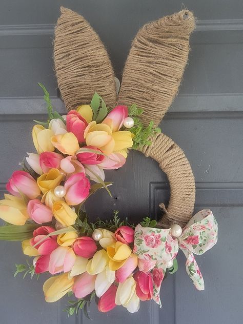 Bunny Wreaths, Easter Decorating Ideas, Decorative Mesh Wreaths, Colorful Tulips, Rabbit Wreath, Spring Porch Decor, Easter Wood Crafts, Easter Door Decor, Easter Wreath Diy