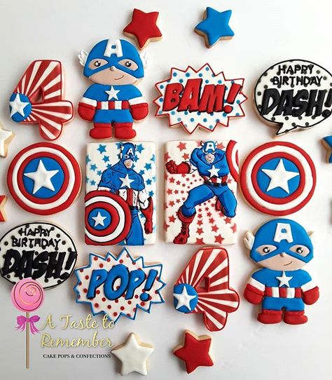 Captain America 1st Birthday, Captain America Cookies Decorated, Captain America Cookies, Captain America Birthday Decorations, Marvel Cookies, America Cookies, Avengers Cookies, Captain America Birthday Party, Captain America Party