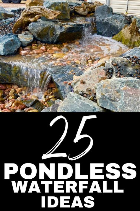 There are different types of waterfalls that you can build and incorporate into your landscaping. Below we will show you some of our favorite waterfalls! Inground Fountain Water Features, Rock Fountain Ideas Backyard Waterfalls, Outdoor Rock Waterfall Ideas, Outdoor Waterfall Fountain Ideas, Diy Backyard Pondless Waterfall, Water Feature Sloped Yard, Build Water Feature, Landscape Ideas With Water Feature, Waterfall Front Yard Landscaping Ideas