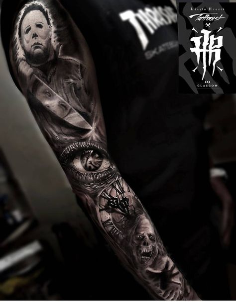 Michael Myers tattoo. Michael Myers full sleeve, Horror tattoo, horror sleeve Michael Myers Tattoo, Myers Tattoo, Horror Sleeve, Halloween Tattoos Sleeve, Horror Movie Tattoos, Red Tattoo Ideas, Horror Tattoos, Christian Sleeve Tattoo, Back Shoulder Tattoos