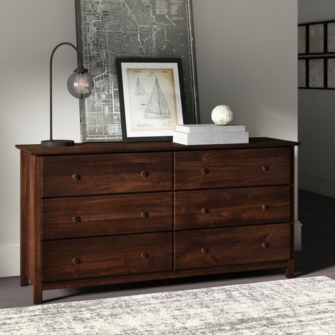 Birch Lane™ Aybel 6 Drawer 65" W Double Dresser | Wayfair Cedar Furniture Bedroom, Dark Brown Wood Dresser, Dark Oak Dresser, Dark Dresser Bedroom, Dark Wood Dresser Bedroom, Dark And Light Wood Furniture Mixing, Wayfair Dresser, Dresser Dark Wood, Dark Wood Bedroom Furniture Decor Ideas