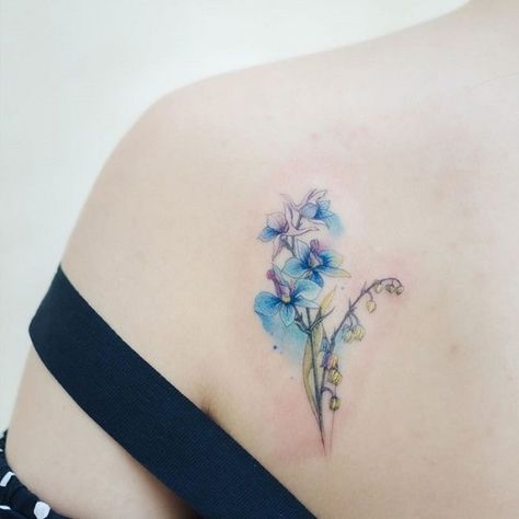 Best Larkspur Tattoo Ideas  20 Hand Drawn Larkspur, Elegant Tattoos For Women Classy Chic, Larkspur Flower Tattoos, Larkspur Tattoo, Classy Tattoos For Women, Water Lily Tattoos, Peach Tattoo, Tattoos For Women Small Meaningful, Butterfly Tattoo On Shoulder