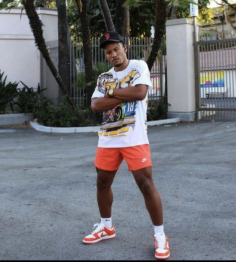 Orange Dunks Outfit Men, Orange Streetwear Outfit, Black Men Summer Fashion, Orange Dunks, Male Outfits Aesthetic, Streetwear Outfit Men, Male Fits, Orange Streetwear, Drippy Outfit