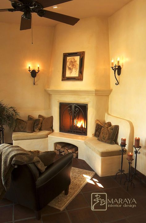 Santa Barbara style fireplace - mediterranean - living room - santa barbara - Maraya Droney Design Spanish Style Fireplace, Spanish Fireplace, Mediterranean Living Room, Fireplace Seating, Mediterranean Living, Bedroom Fireplace, Built In Seating, Corner Fireplace, Mediterranean Home