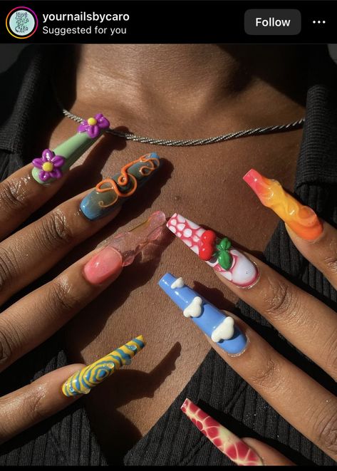 Eccentric Nail Designs, Summer Nails Maximalist, Lipstick Shaped Nails, Eccentric Nails, Short Nail Designs Maximalist, Red Maximalist Nails, Pink Maximalist Nails, Colorful Junk Nails, Eclectic Nails