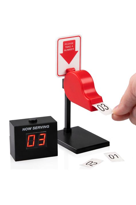 This mini deli-counter-style ticket dispenser has 100 numbered paper tickets to pull and a digital Now Serving board to let everyone know when it's their turn.