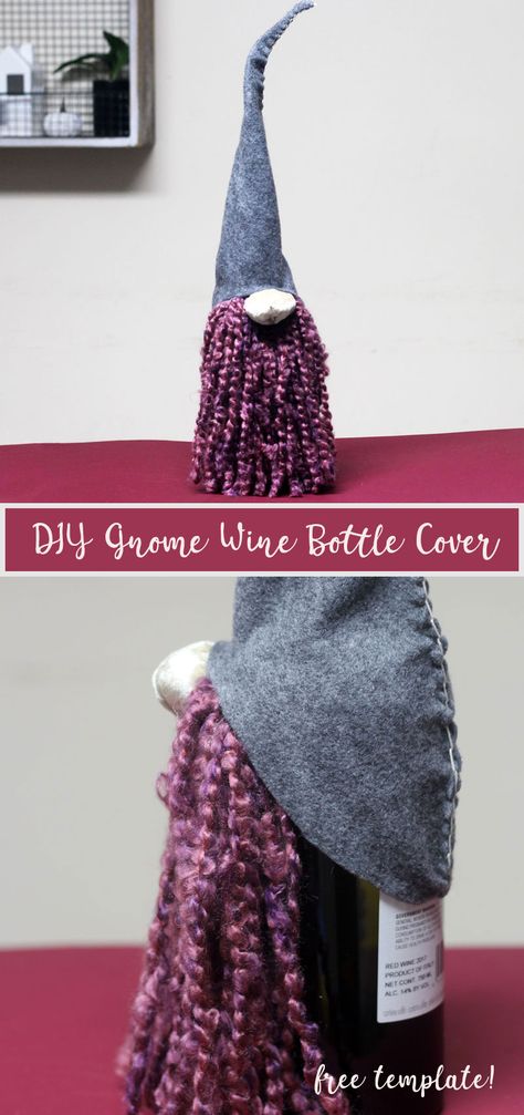 Adorable DIY gnomes - wine bottle covers bags and toppers with a free pattern Wine Bottle Gnomes Diy How To Make, Gnome Wine Bottle, Wine Sleeve, Wine Crafts, Diy Gnome, Wine Bottle Topper, Bottle Cozies, Bottle Covers, Origami For Beginners