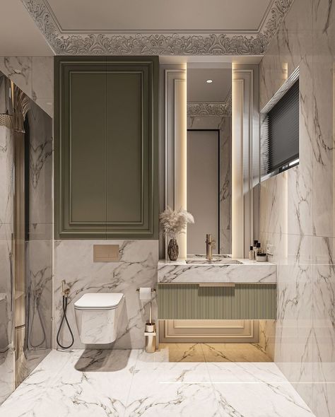 Arab Villa, Bathroom Design With Wallpaper, Luxury Bathroom Design, Aesthetic Interior, With Wallpaper, Washroom Design, Bathroom Modern, Neo Classical, Bathroom Design Ideas